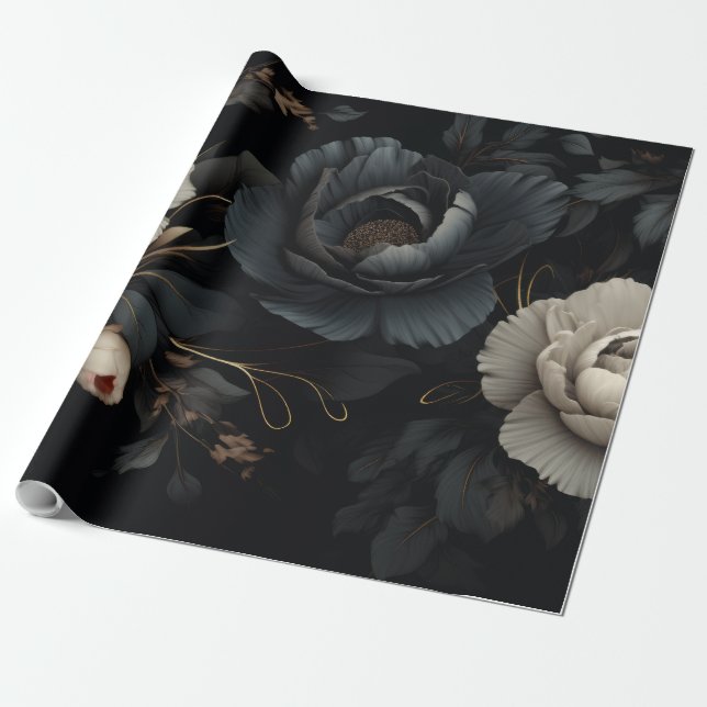 Black and White Flowers Wrapping Paper (Unrolled)
