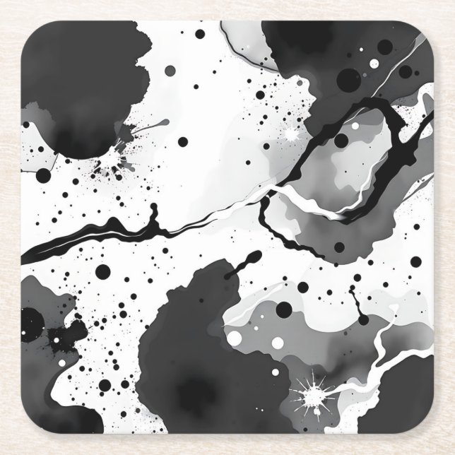 Black and White Fluid Ink Patterns with Splatters Square Paper Coaster (Front)