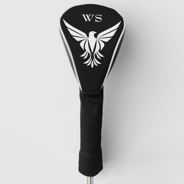 Black and White Flying Bald Eagle Monogram Initial Golf Head Cover (Front)