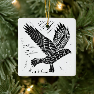 Black and White Flying Raven Lino Cut Ceramic Ornament