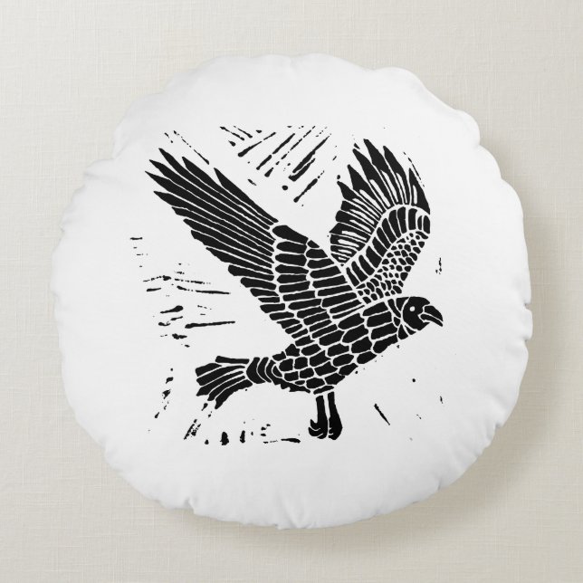 Black and White Flying Raven Lino Cut Round Cushion (Front)