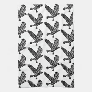 Black and White Flying Raven Lino Cut Tea Towel