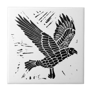 Black and White Flying Raven Lino Cut Tile