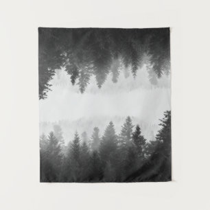Black and white foggy mirrored forest tapestry