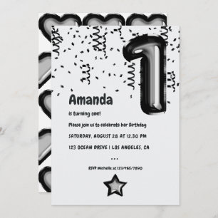 Black and White Foil Balloon 1st Birthday Invitation