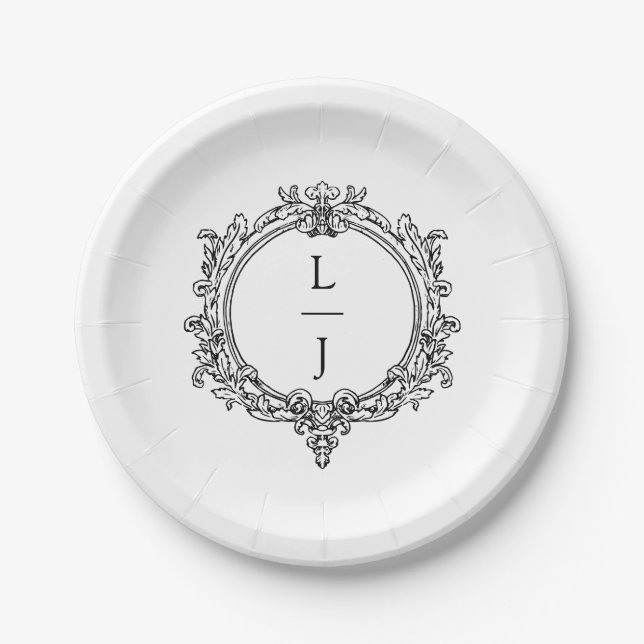 black and white foliage Crest wedding Paper Plate (Front)