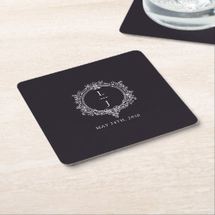 black and white foliage Crest wedding Square Paper Coaster