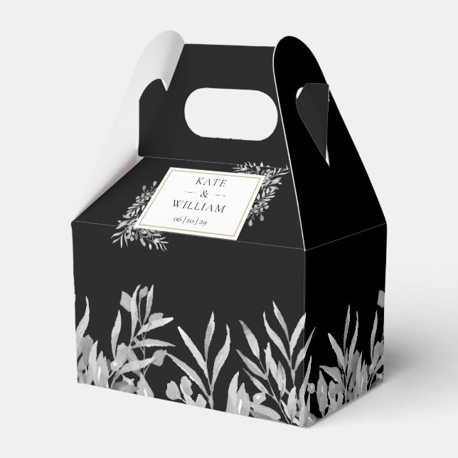 Black And White Foliage Gold Wedding  Favour Box (Front Side)
