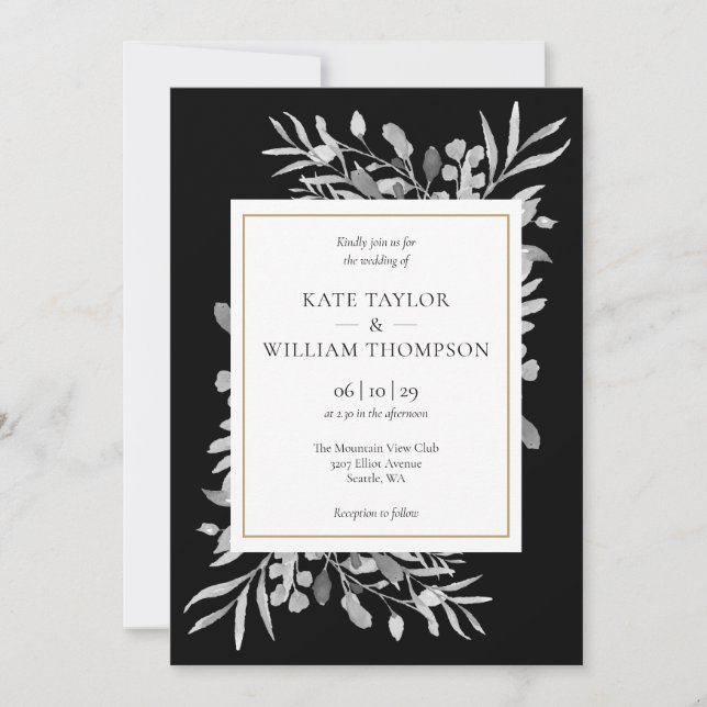 Black And White Foliage Gold Wedding Invitation (Front)