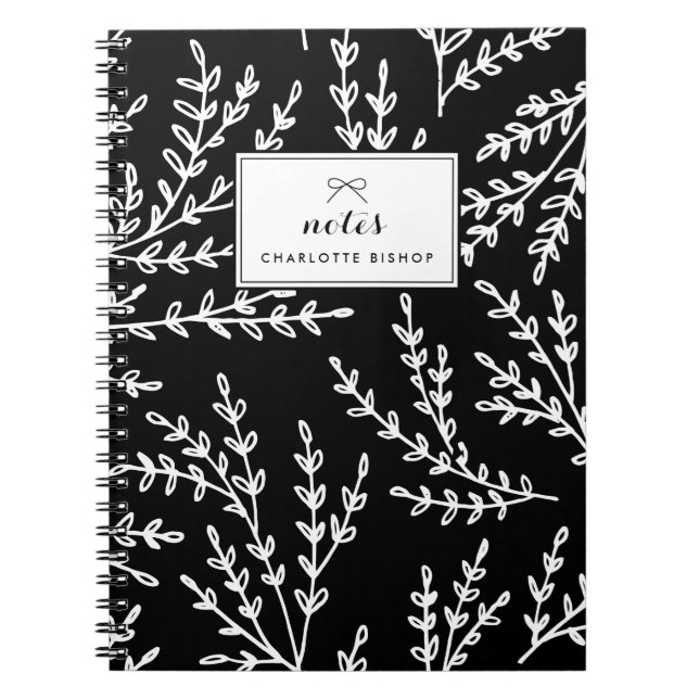 Black and White Foliage Pattern Personalised Notebook (Front)