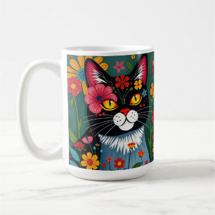 Black and White Folk Art Cat and Flowers Whimsical Coffee Mug
