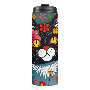 Black and White Folk Art Cat and Flowers Whimsical Thermal Tumbler