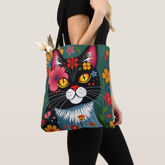 Black and White Folk Art Cat and Flowers Whimsical Tote Bag (Close Up)