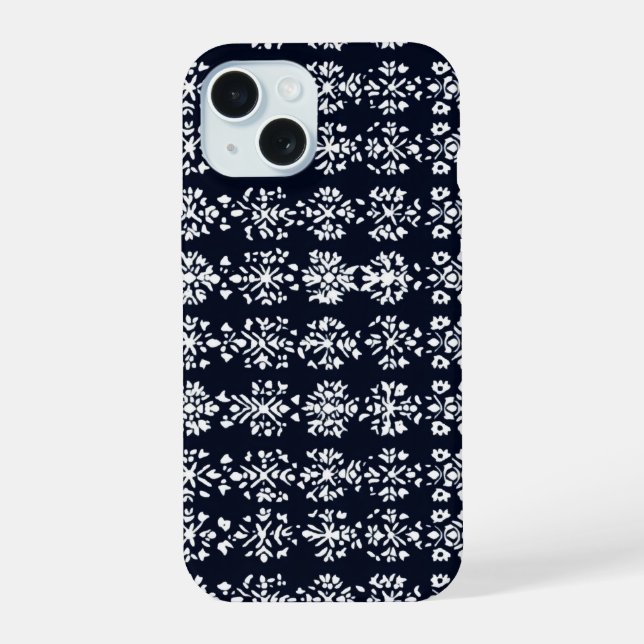 Black and White Folk Pattern iPhone 15 Case (Back)