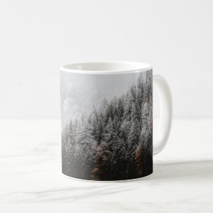 Black and white forest, mountains, coffee mug