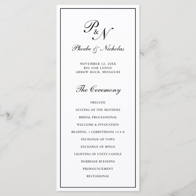 Black and White Formal Elegant Monogram Wedding Programme (Front)