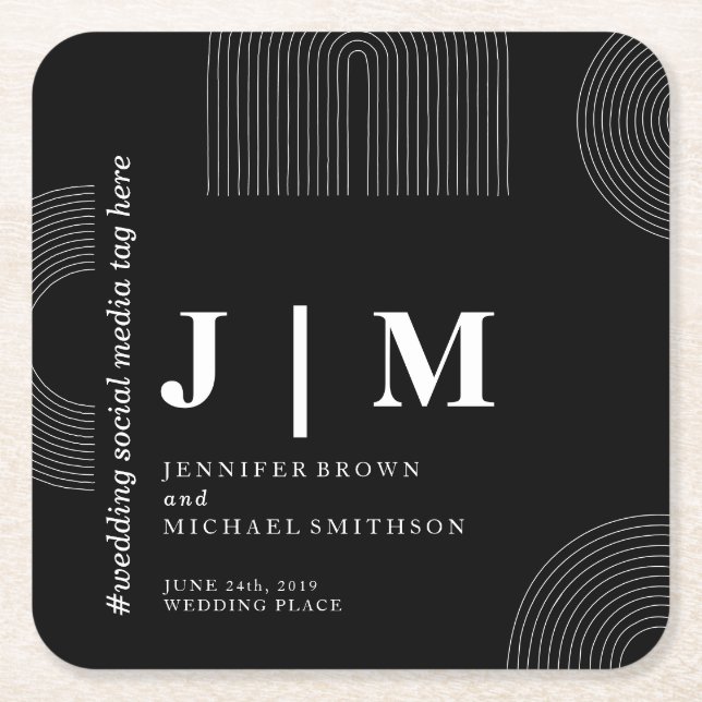 Black and White Formal Simple Geometric Wedding Square Paper Coaster (Front)