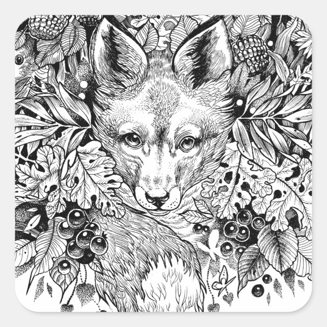 Black and white fox in the forest square sticker (Front)