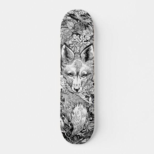 Black and white Fox + nature Skate Deck Skateboard (Front)