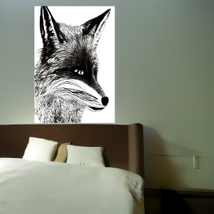 Black and white fox portrait   AI Art Poster
