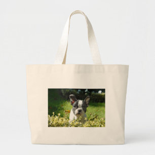 Black and White French Bull Dog Puppy Large Tote Bag