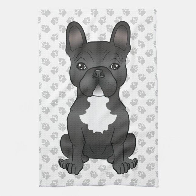 Black And White French Bulldog Cartoon Dog & Paws Tea Towel (Vertical)