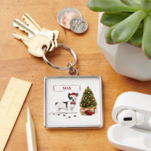 Black and White French Bulldog Christmas Dog  Key Ring