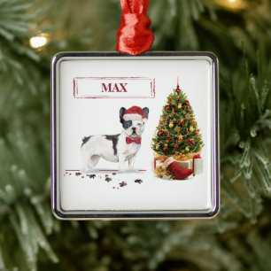 Black and White French Bulldog Christmas Dog  Metal Tree Decoration