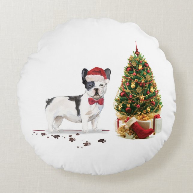 Black and White French Bulldog Christmas Dog  Round Cushion (Front)