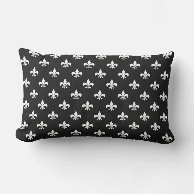 Black and White French Fleur de Lis Outdoor Lumbar Cushion (Front)