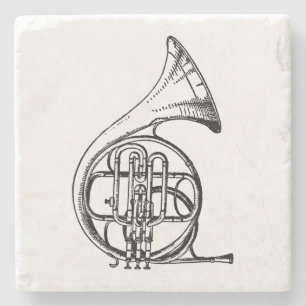 Black and White French Horn Musical Instrument Stone Coaster