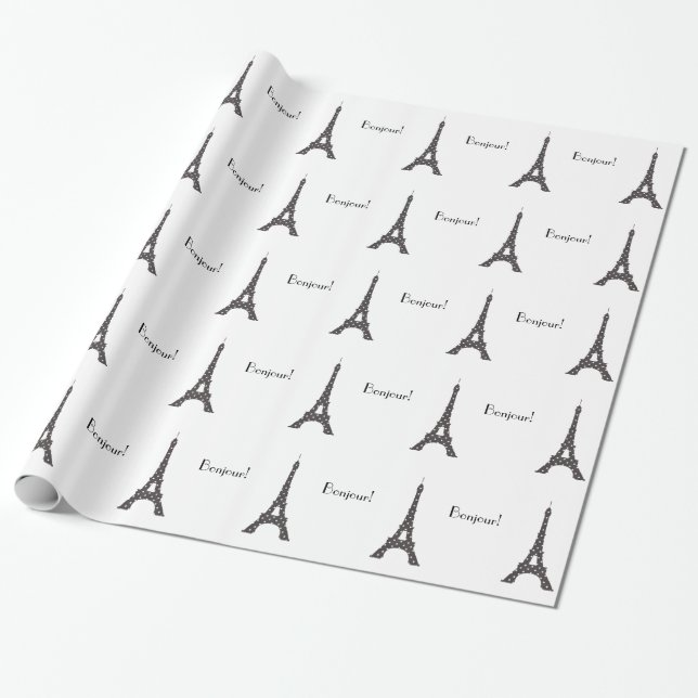 Black and White French Polka Dots Eiffel Tower Wrapping Paper (Unrolled)