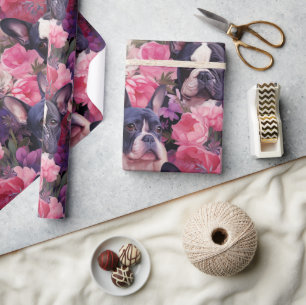 Black and White Frenchie Floral Wrapping Paper