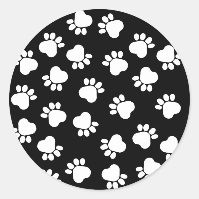 Black and White Fun Paw Prints Classic Round Sticker (Front)