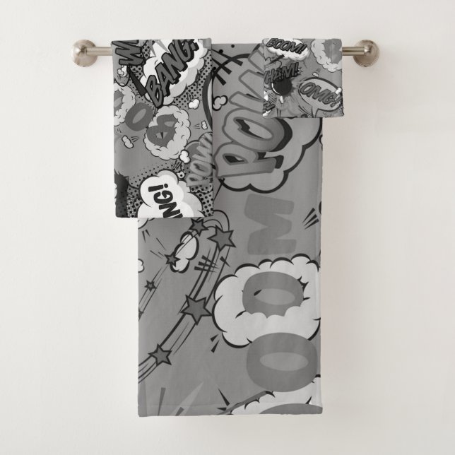 Black and White Fun Retro Comic Book Pop Art Bath Towel Set (Insitu)