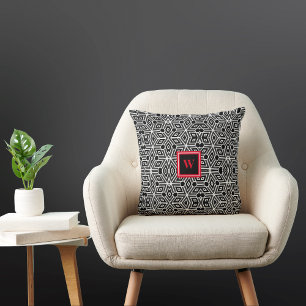 Black and White Funky Cubism Neo Geo Red Monogram Cushion