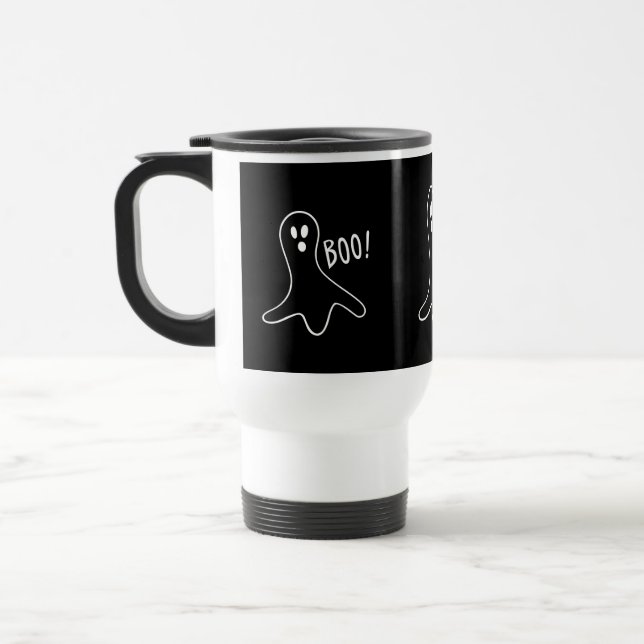 black and white funny ghost design for halloween travel mug (Left)