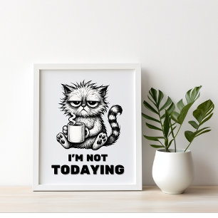 Black and White Funny Grumpy Cat Coffee Art  Poster