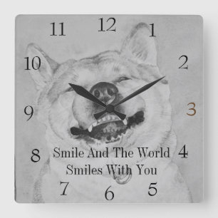 black and white funny piture of akita smiling dog square wall clock