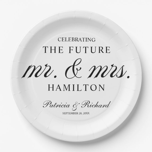 Black And White Future Mr and Mrs Engagement Party Paper Plate (Front)