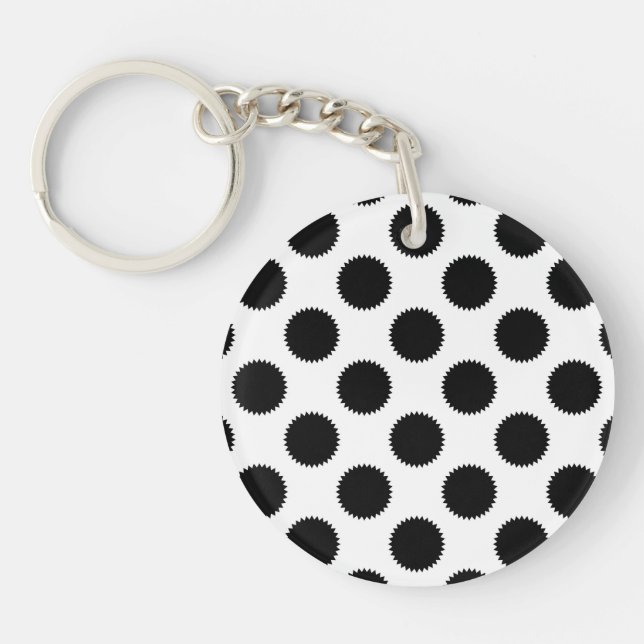 Black and White Fuzzy Polka Dot Pattern Key Ring (Front)
