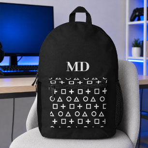 Black and White Gamer Pattern Custom Initials  Printed Backpack