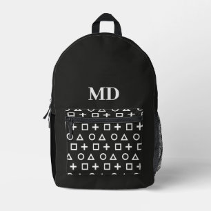 Black and White Gamer Pattern Monogram Printed Backpack