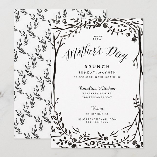 Black and White Garden Mothers Day Brunch Invitation (Front/Back)