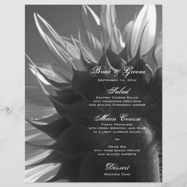 Black and White Garden Sunflower Wedding Menus (Front)