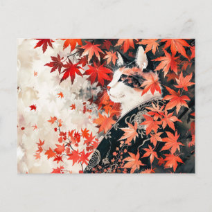 Black and White Geisha Cat Under Red Maple Leaves  Postcard