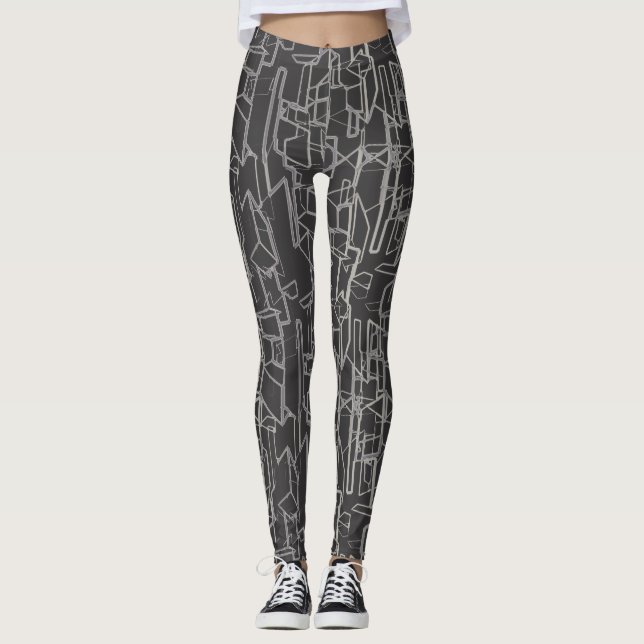 black and white geometric abstract pattern leggings (Front)