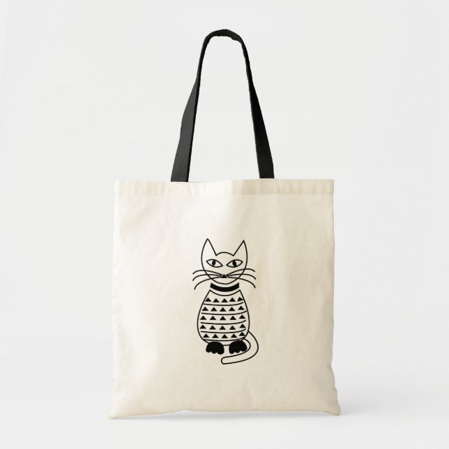 Black and White Geometric Cat Kitty Tote Bag (Front)