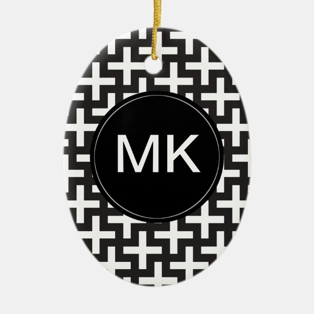 Black and White Geometric Ceramic Tree Decoration (Front)