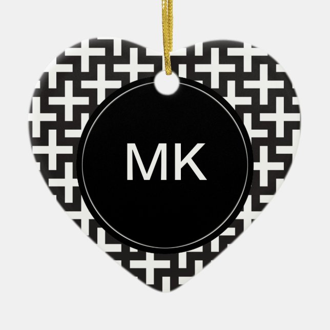 Black and White Geometric Ceramic Tree Decoration (Front)